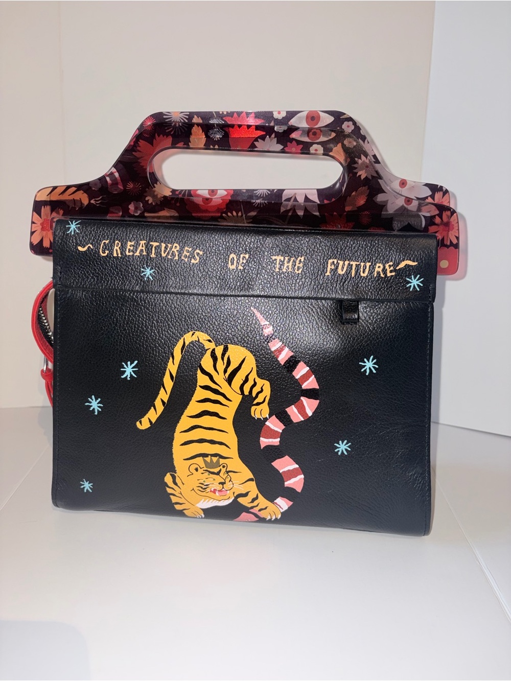 Min & Mon Black Handbag with Yellow Tiger and Pink-Red Snake Artwork